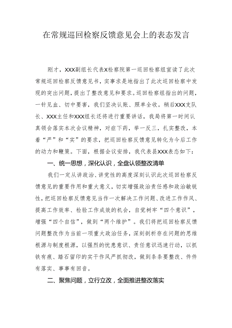 在常规巡回检察反馈意见会上的表态发言.docx_第1页