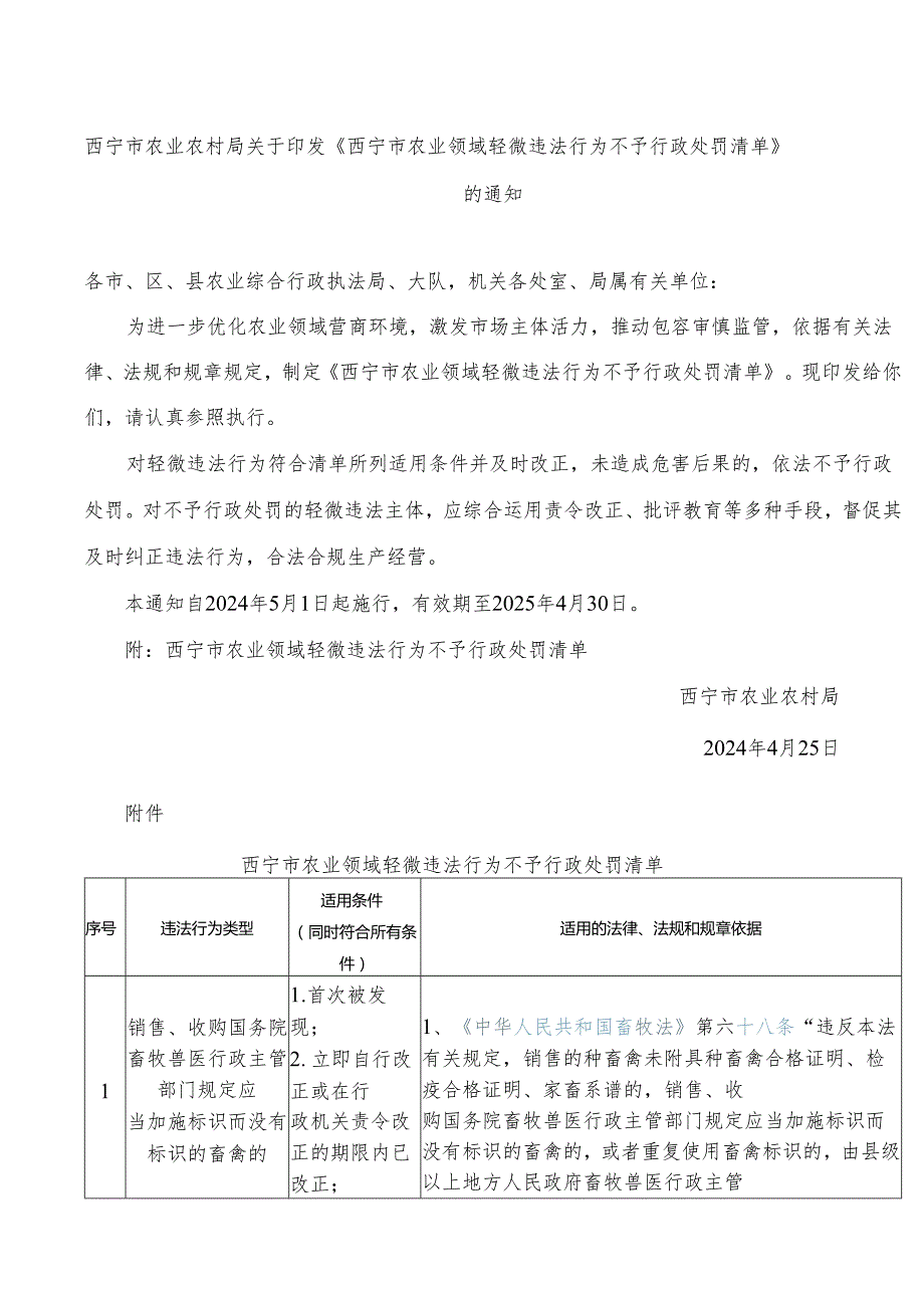 《西宁市农业领域轻微违法行为不予行政处罚清单》.docx_第1页