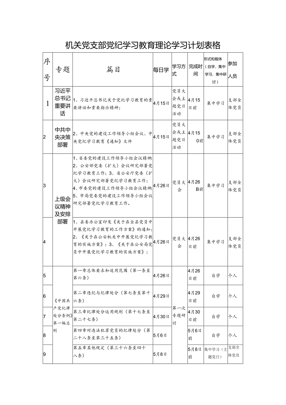 2024年机关党支部开展党纪学习教育理论学习计划表格.docx_第1页