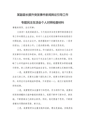 某副县长提升突发事件新闻舆论引导工作专题民主生活会个人对照检查材料.docx