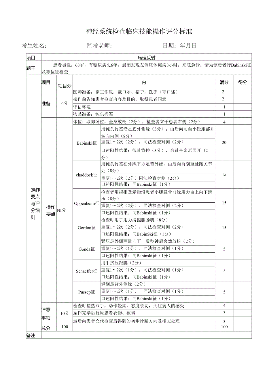 神经系统检查临床技能操作评分标准.docx_第1页