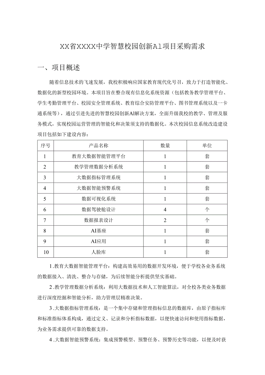 XX省XXXX中学智慧校园创新AI项目采购需求.docx_第1页