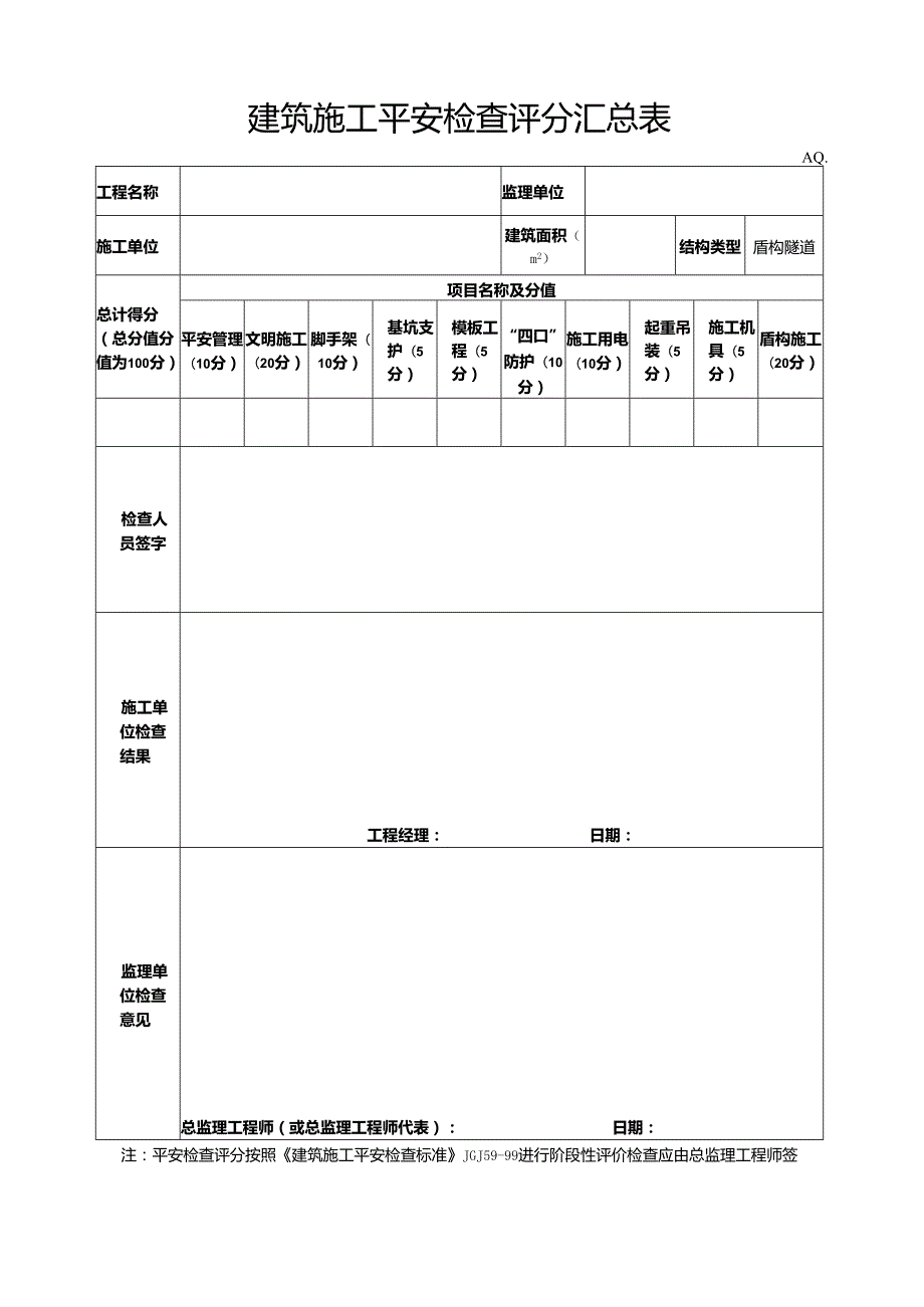 盾构隧道施工安全检查评分表汇总.docx_第1页