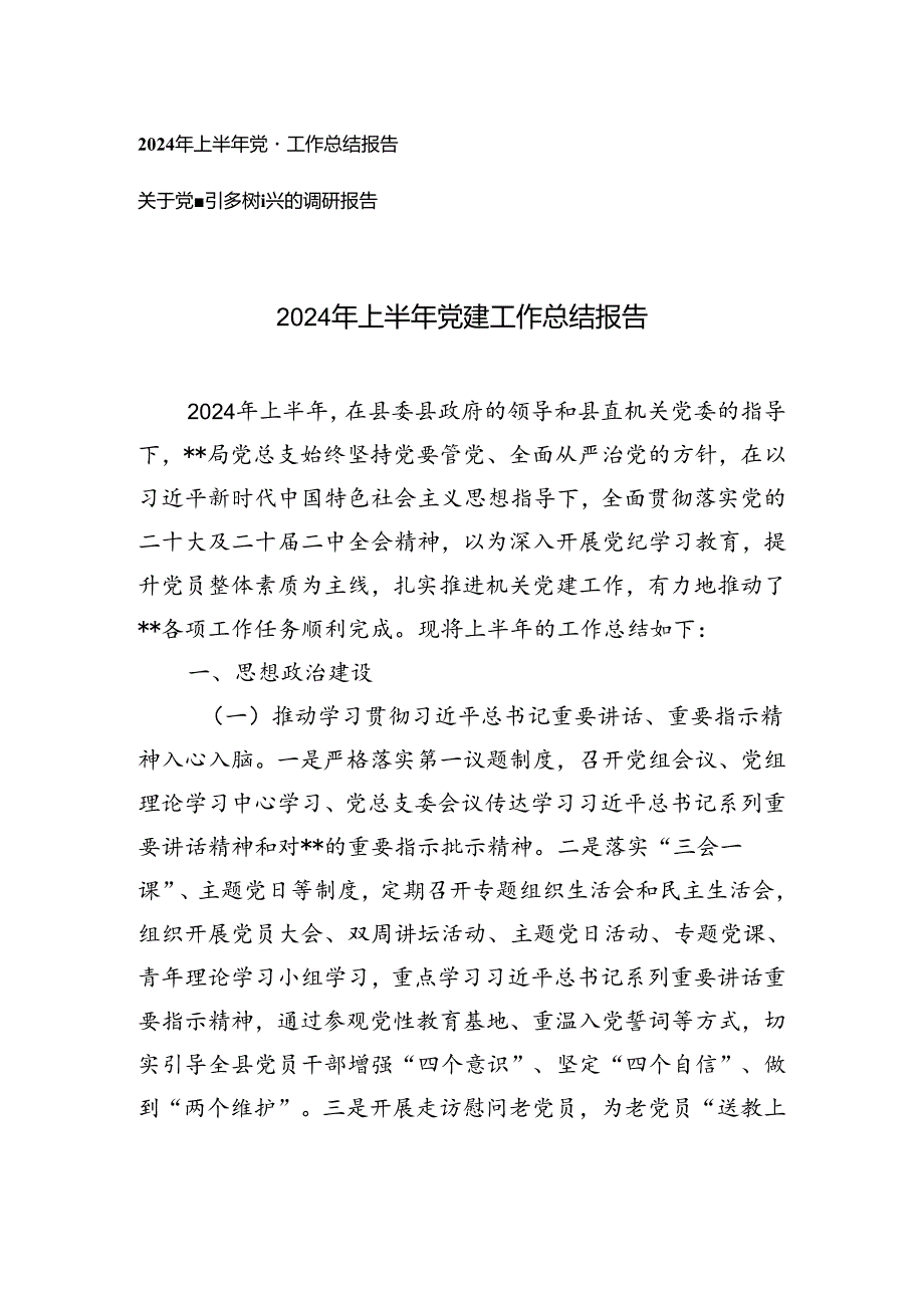 2篇 2024年上半年党建工作总结报告+关于党建引领乡村振兴的调研报告.docx_第1页