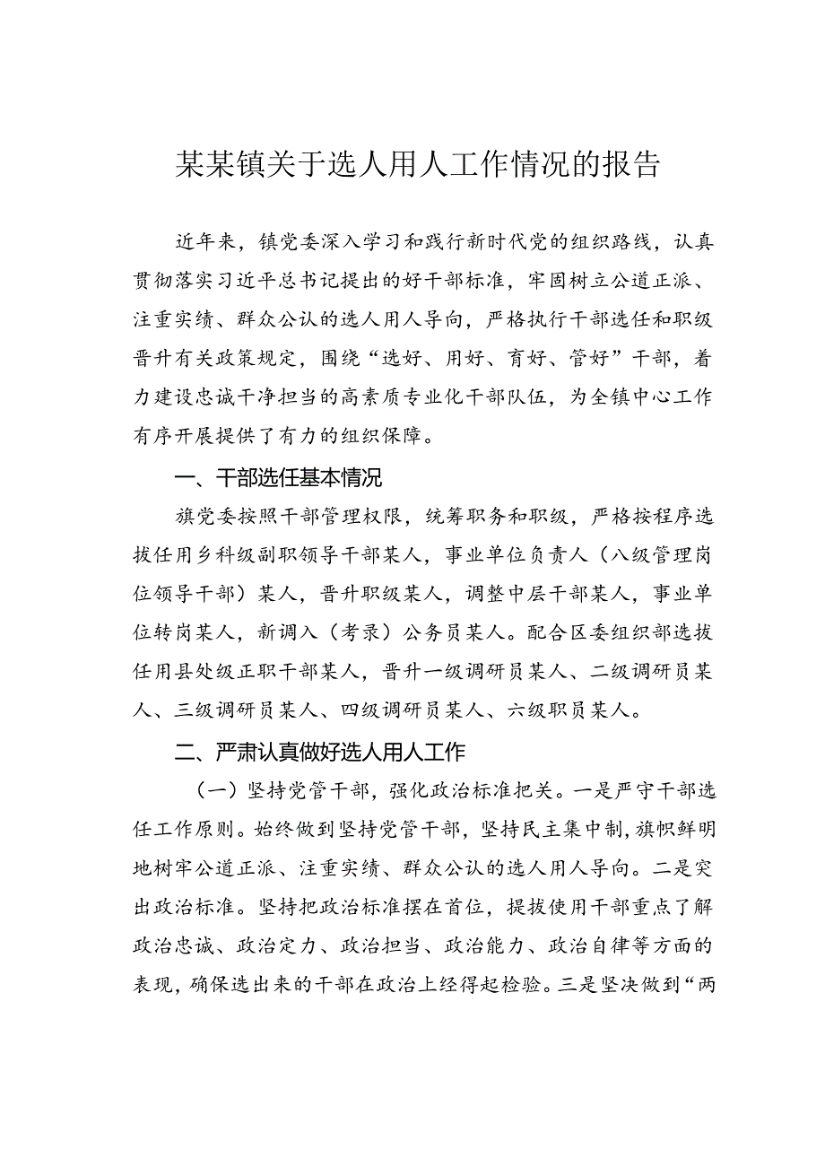 某某镇关于选人用人工作情况的报告.docx_第1页