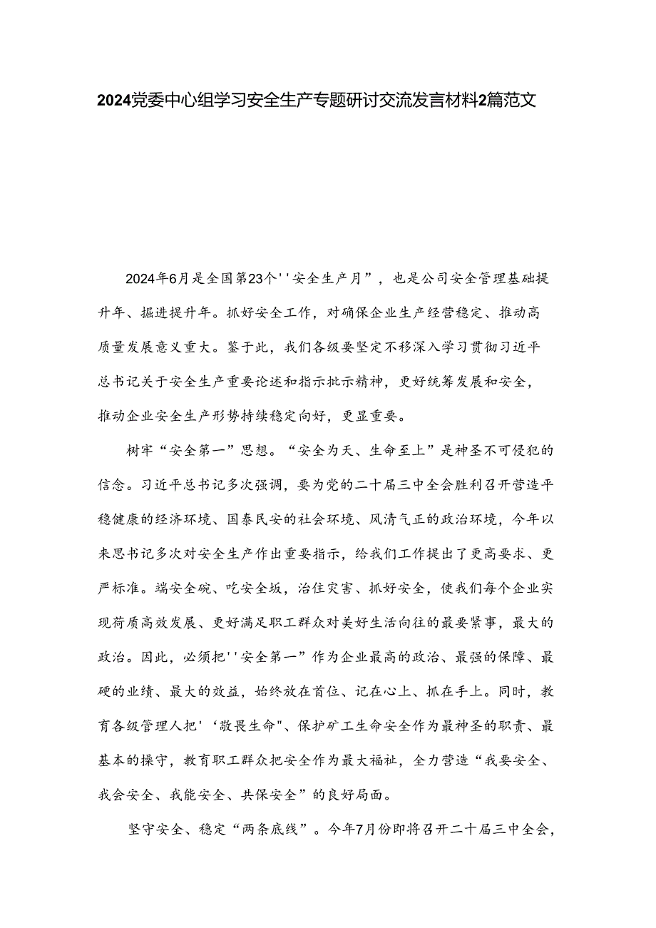 2024党委中心组学习安全生产专题研讨交流发言材料2篇范文.docx_第1页