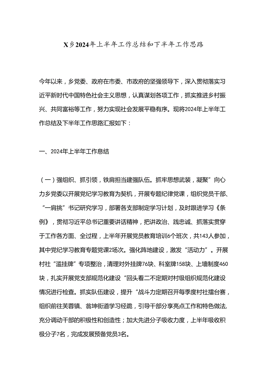 X乡2024年上半年工作总结和下半年工作思路.docx_第1页