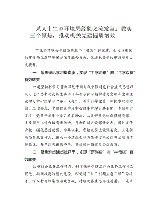 某某市生态环境局经验交流发言：做实三个聚焦推动机关党建提质增效.docx