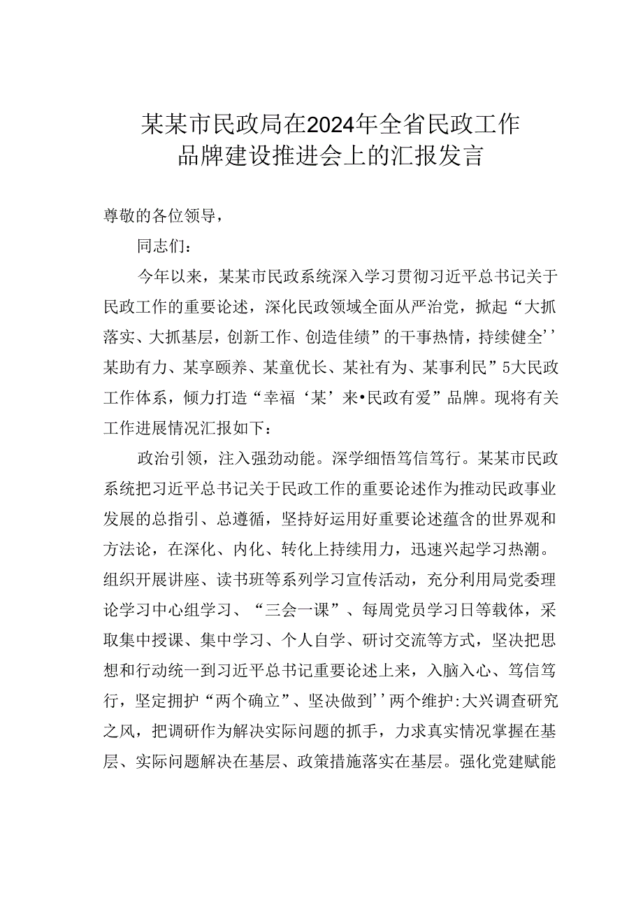 某某市民政局在2024年全省民政工作品牌建设推进会上的汇报发言.docx_第1页