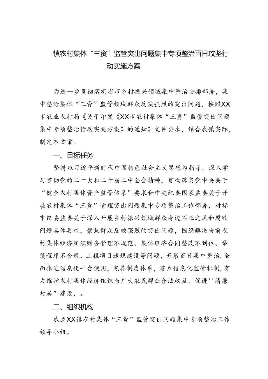 2024镇农村集体“三资”监管突出问题集中专项整治百日攻坚行动实施方案六篇（精选）.docx_第1页