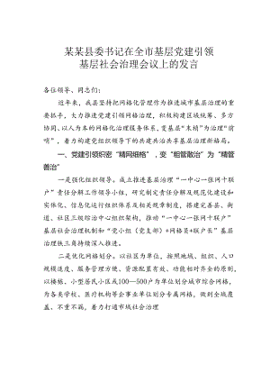 某某县委书记在全市基层党建引领基层社会治理会议上的发言.docx