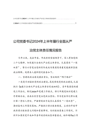 公司党委书记2024年上半年履行全面从严治党主体责任情况报告【共2篇】.docx