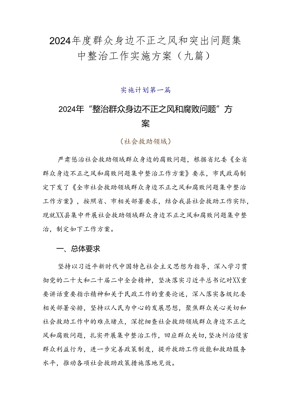 2024年度群众身边不正之风和突出问题集中整治工作实施方案（九篇）.docx_第1页