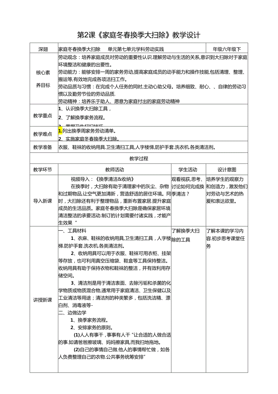 湘教版劳动实践六年级下册劳动周任务2《家庭冬春换季大扫除》教案.docx_第1页