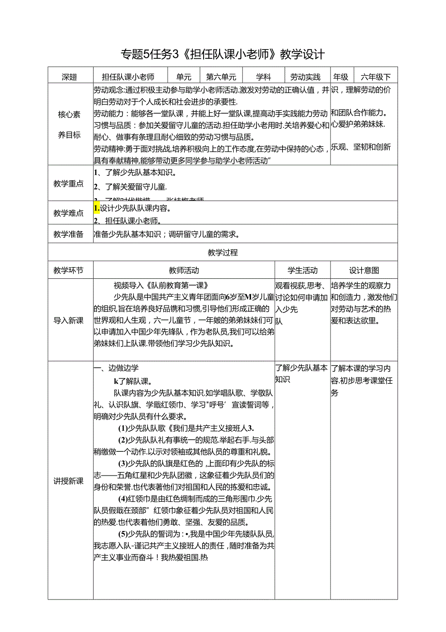 湘教版劳动实践六年级下册专题5任务3《担任队课小老师》教案.docx_第1页