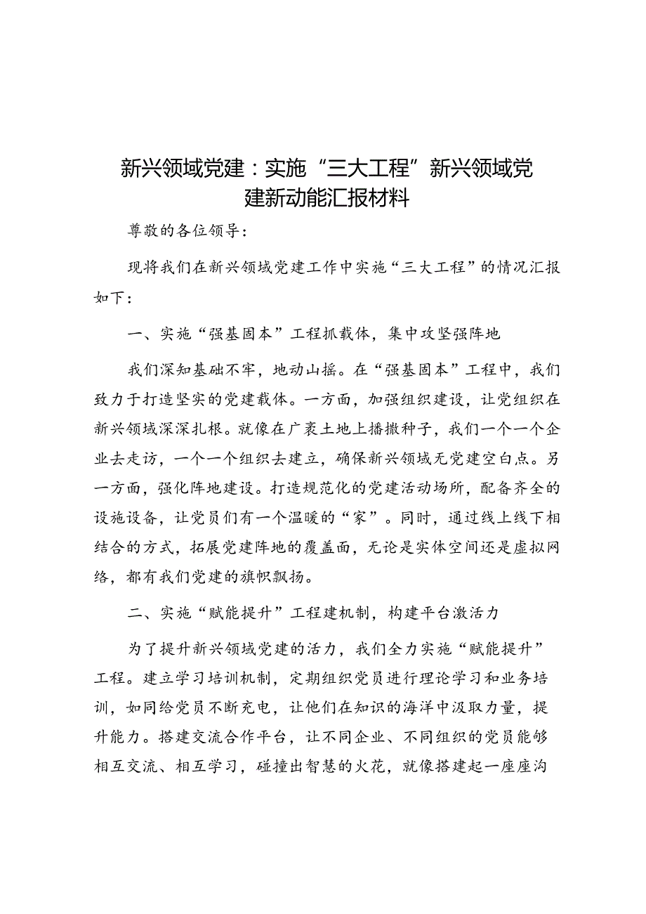 新兴领域党建：实施“三大工程” 新兴领域党建新动能汇报材料.docx_第1页