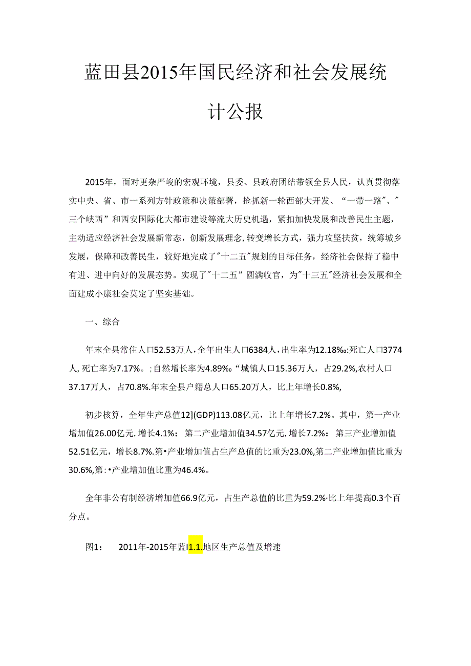 蓝田县2015年国民经济和社会发展统计公报.docx_第1页