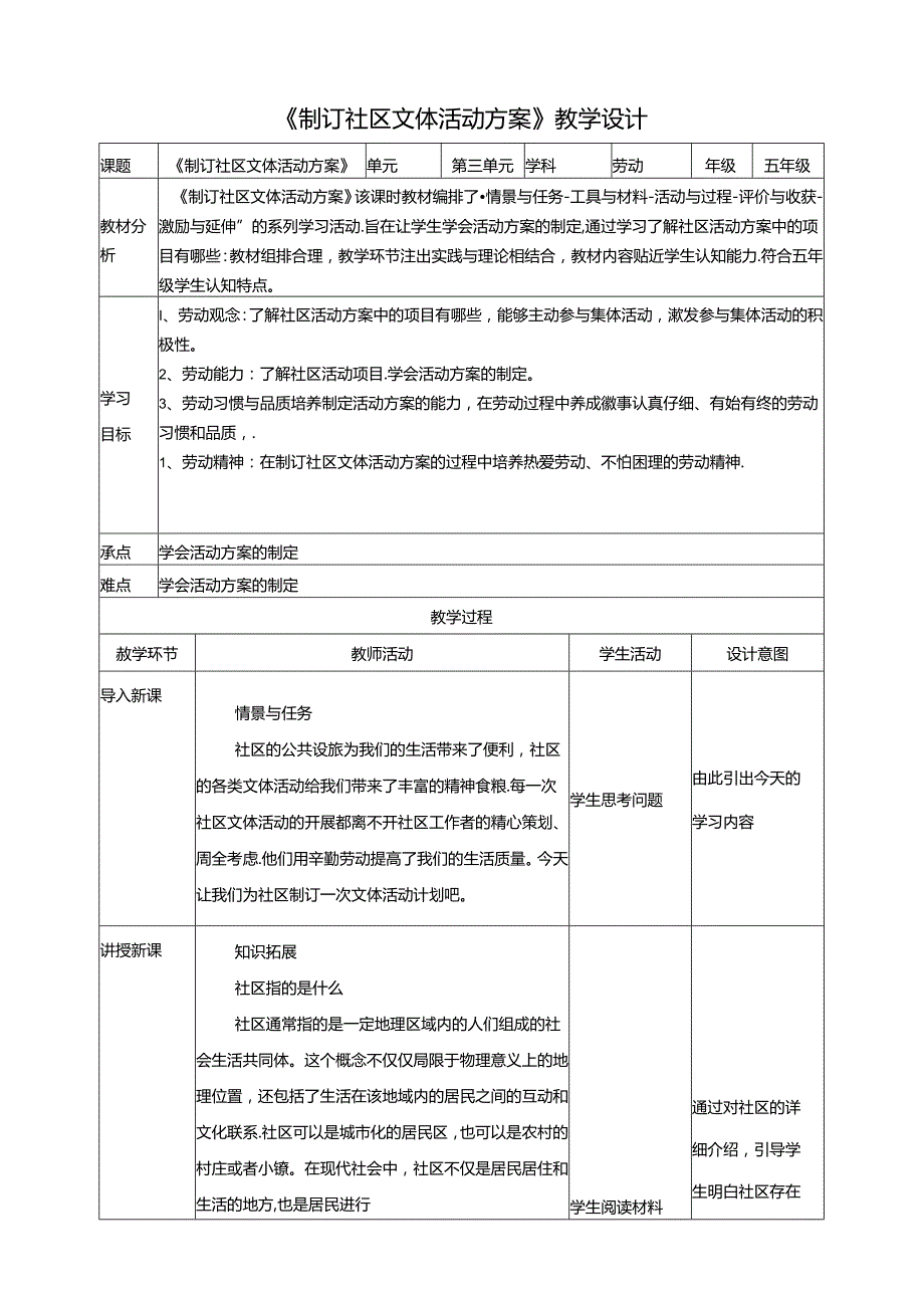 第15课 制订社区文体活动方案 教案 川民版劳动教育五年级下册.docx_第1页