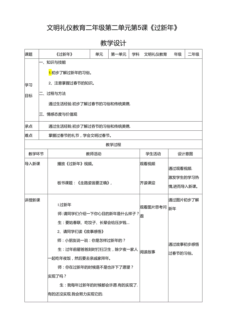 二年级文明礼仪教育第2单元第5课《过新年》 教案.docx_第1页