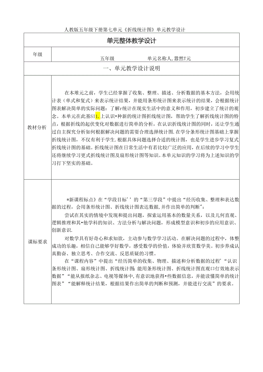 人教版五年级下册第七单元《折线统计图》单元教学设计（20页）.docx_第1页