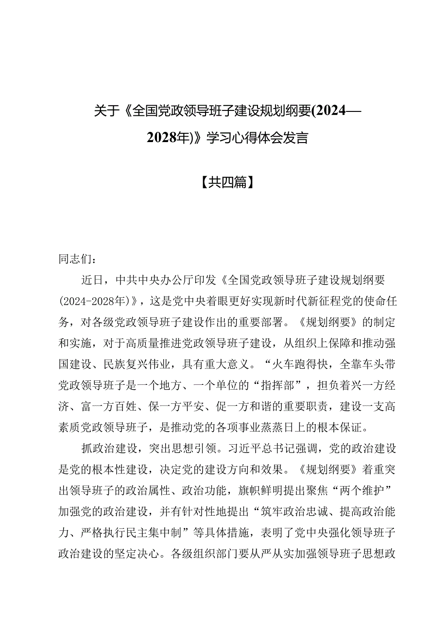 关于《全国党政领导班子建设规划纲要(2024—2028年)》学习心得体会发言4篇.docx_第1页