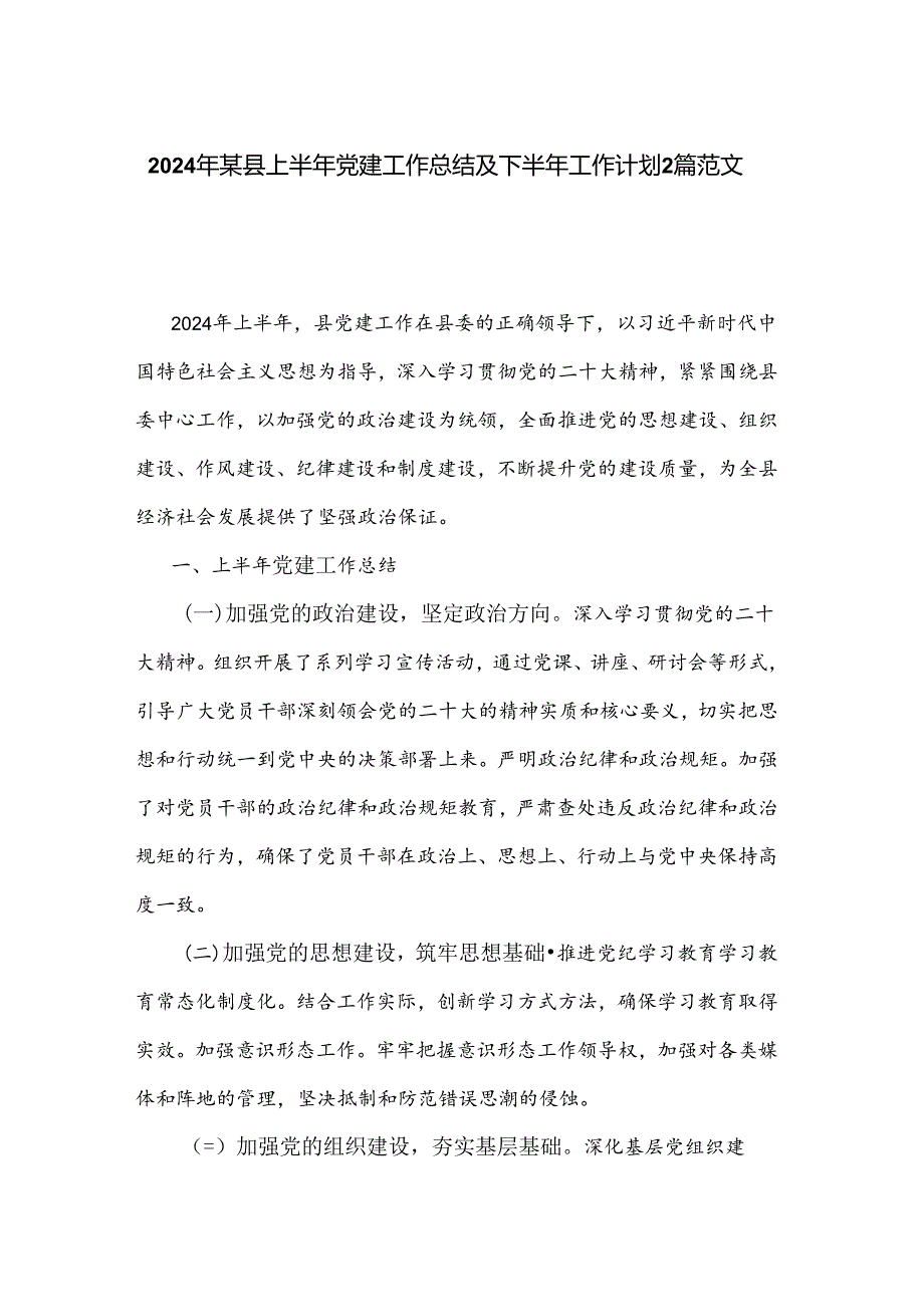 2024年某县上半年党建工作总结及下半年工作计划2篇范文.docx_第1页