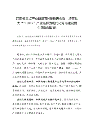 领导讲话∣党政综合：20240606河南省重点产业链培育工作推进会议：培育壮大“7+28+N”产业链群 为现代化河南建设提供强劲新动能.docx