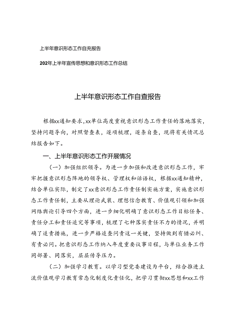 2篇 2024年上半年意识形态工作自查报告+2024年上半年宣传思想和意识形态工作总结.docx_第1页