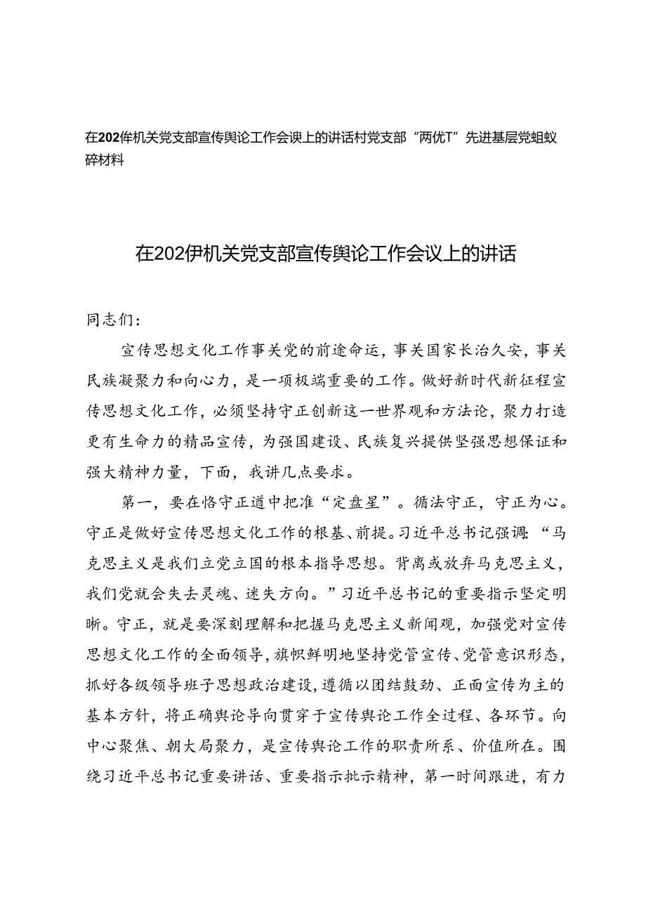 在2024年机关党支部宣传舆论工作会议上的讲话+村党支部“两优一先”先进基层党组织事迹材料.docx_第1页