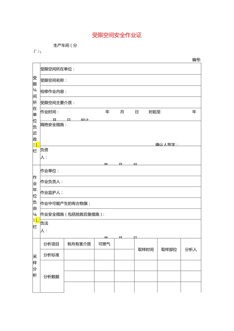 受限空间安全作业证模板.docx_第1页