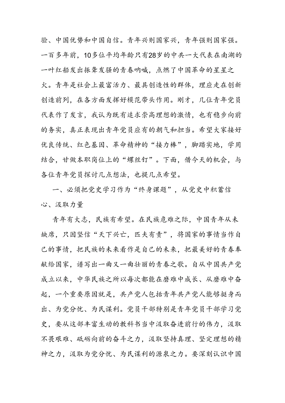 在迎“七一”庆祝建党103周年青年党员干部交流座谈会上的讲话提纲二篇.docx_第2页