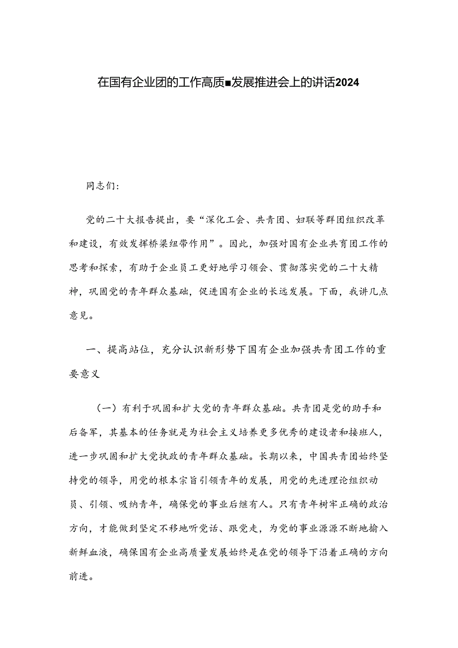 在国有企业团的工作高质量发展推进会上的讲话2024.docx_第1页