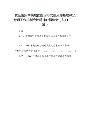 贯彻落实中央层面整治形式主义为基层减负专项工作机制会议精神心得体会11篇（详细版）.docx