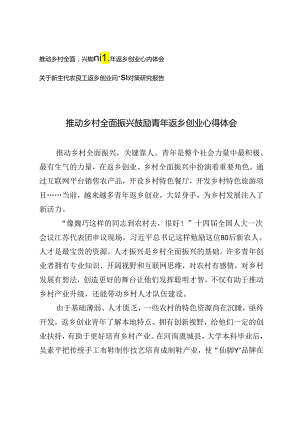 推动乡村全面振兴鼓励青年返乡创业心得体会+关于新生代农民工返乡创业问题及对策研究报告.docx