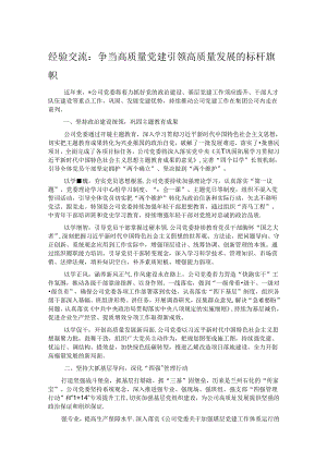 经验交流：争当高质量党建引领高质量发展的标杆旗帜.docx