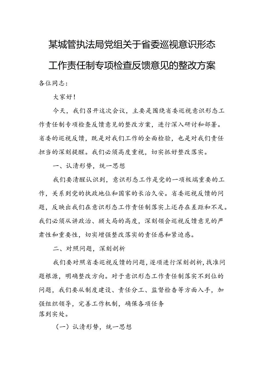 某城管执法局党组关于省委巡视意识形态工作责任制专项检查反馈意见的整改方案.docx_第1页