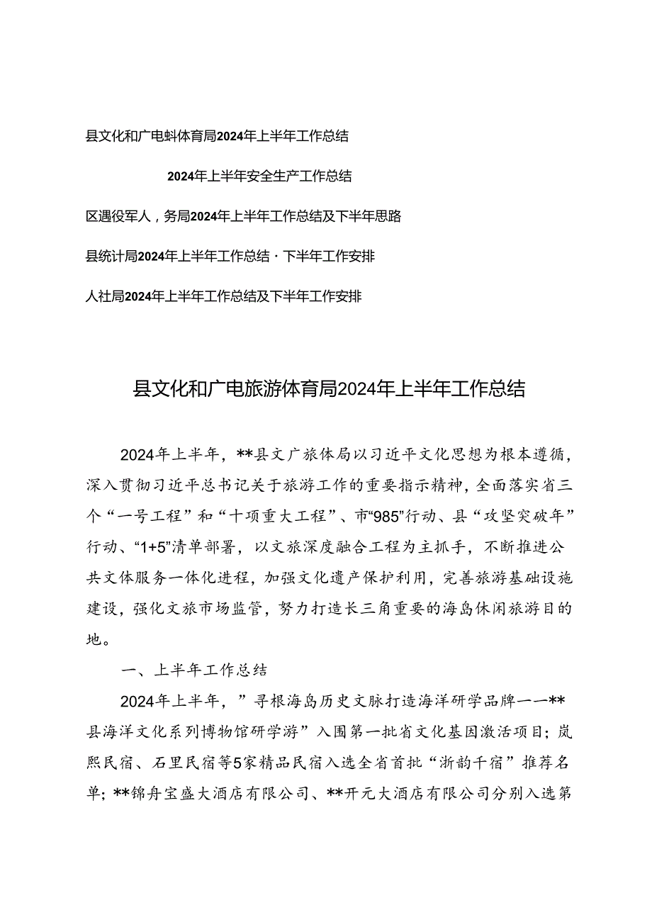 文化和广电旅游体育局、应急管理局、退役军人事务局、统计局、人社局2024年上半年工作总结及下半年工作安排5篇.docx_第1页