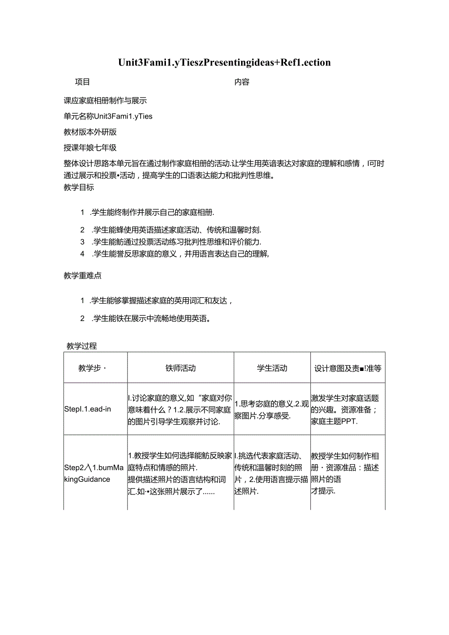 Unit 3 Family Ties Presenting ideas Reflection教学设计外研版2024七上.docx_第1页