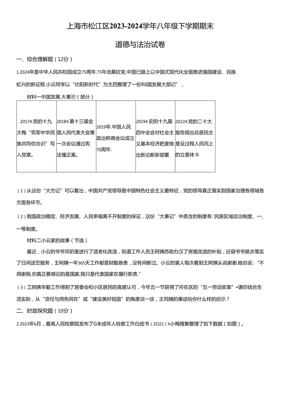 2023-2024学年上海市松江区八年级下学期期末道德与法治试卷含详解.docx_第1页