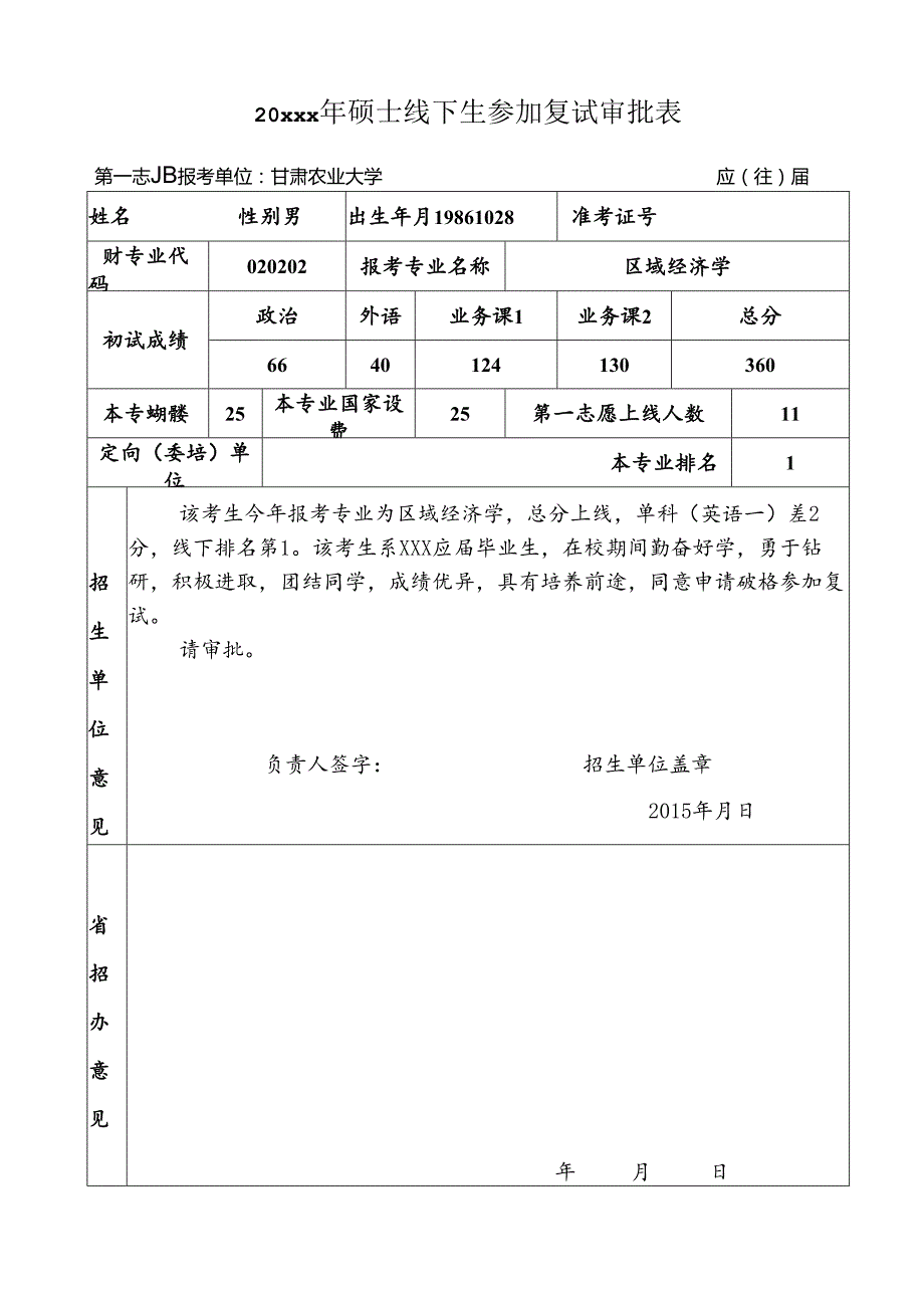 20xxx年硕士线下生参加复试审批表.docx_第1页