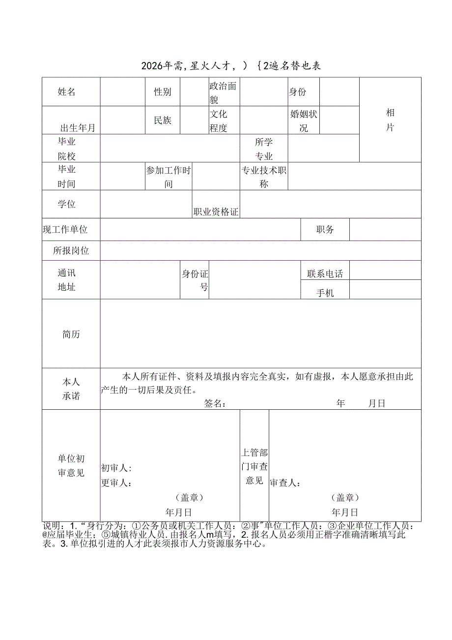 2026年高层次人才引进报名登记表.docx_第1页