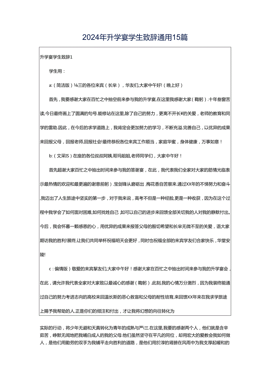 2024年升学宴学生致辞通用15篇.docx_第1页