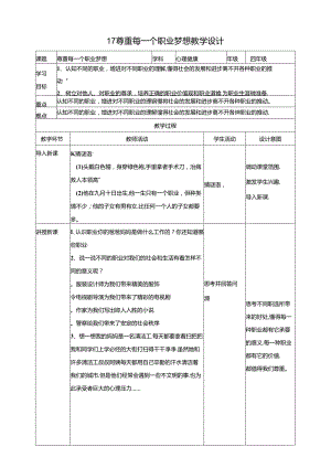 17《尊重每一个职业梦想》教学设计 教科版心理健康四年级下册.docx