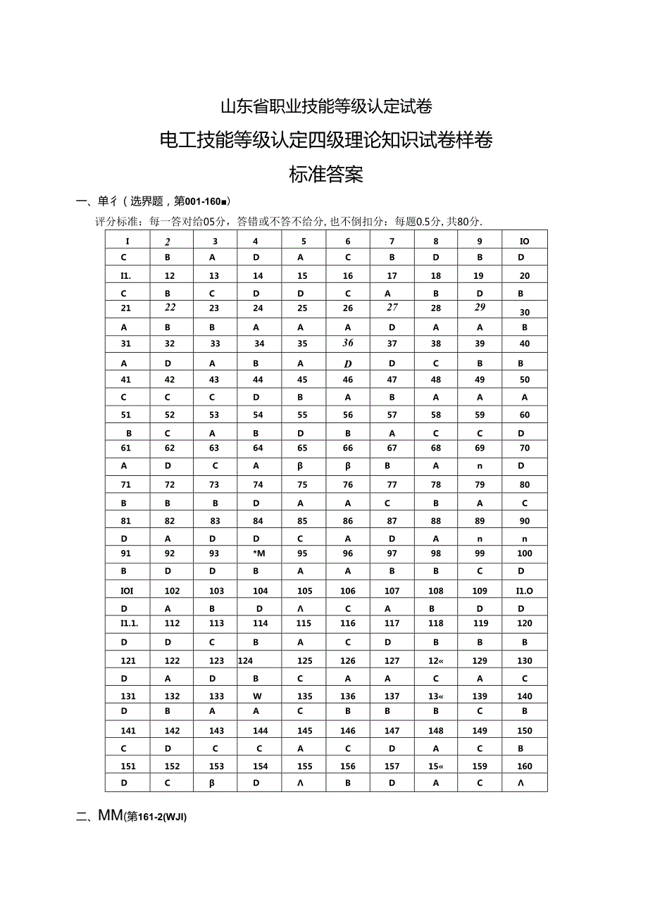 2024年山东省职业技能等级认定试卷 真题 电工中级理论 答案（样题）.docx_第1页