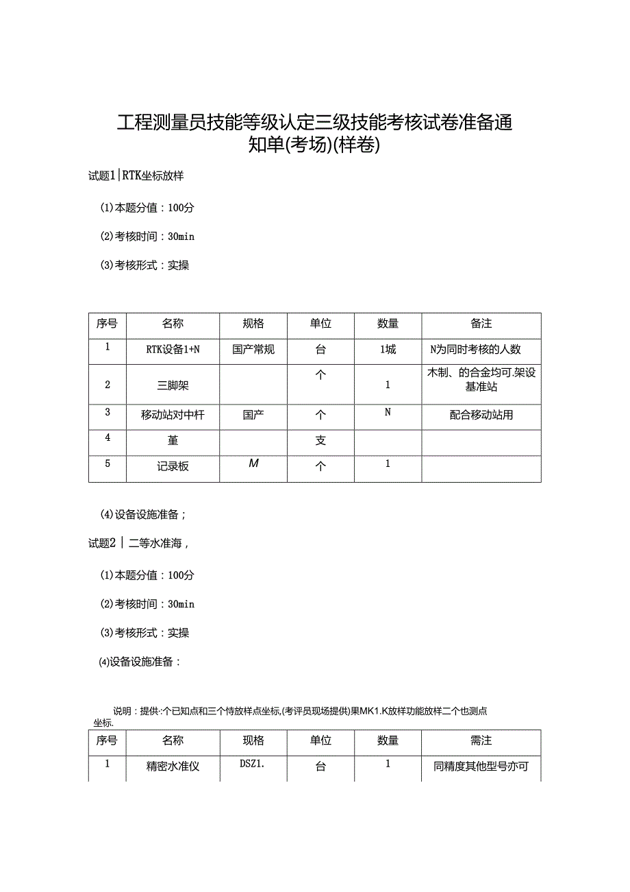 2024年山东省职业技能等级认定试卷 真题 高级工程测量员技能考核准备通知单-样题.docx_第1页