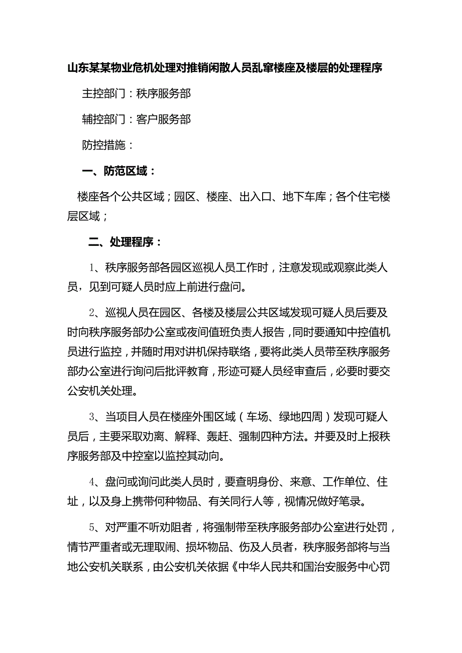 山东某某物业危机处理对推销闲散人员乱窜楼座及楼层的处理程序.docx_第1页