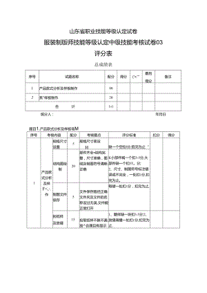 2024年山东省职业技能等级认定试卷 真题 服装制版师 中级技能考核试卷评分记录表 03.docx