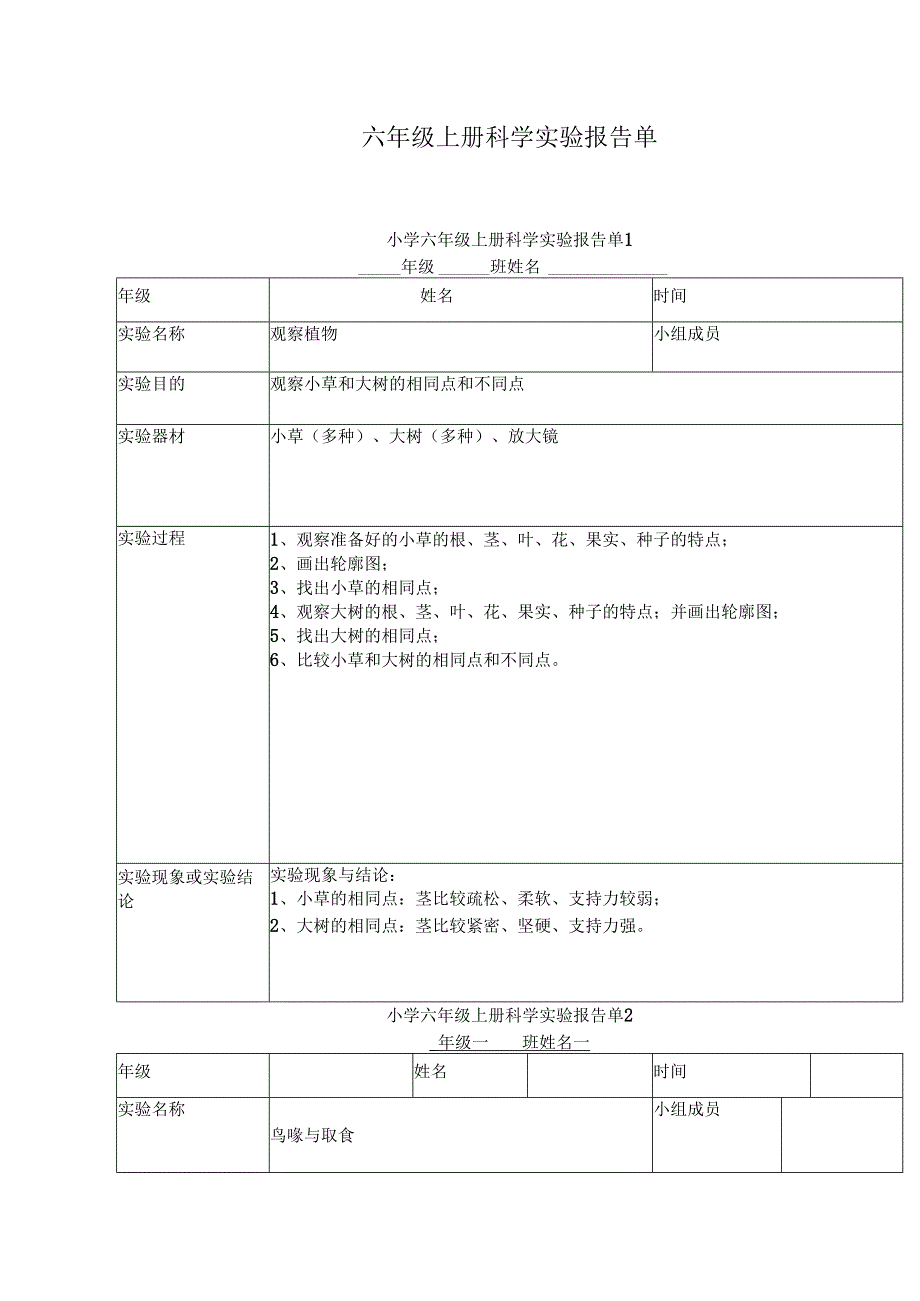 六年级上册科学实验报告单.docx_第1页