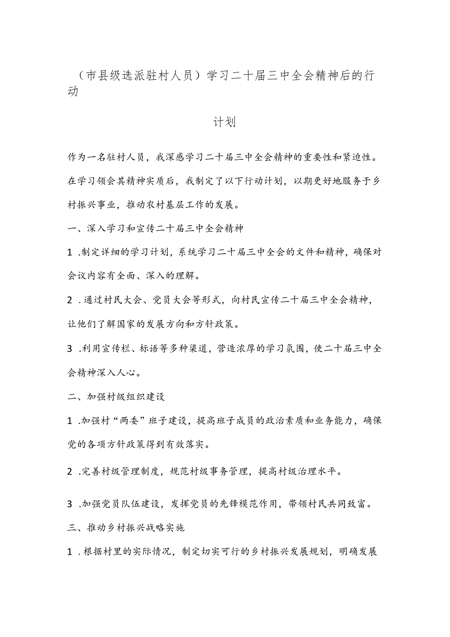 （市县级选派驻村人员）学习二 十届三 中全会精神后的行动计划.docx