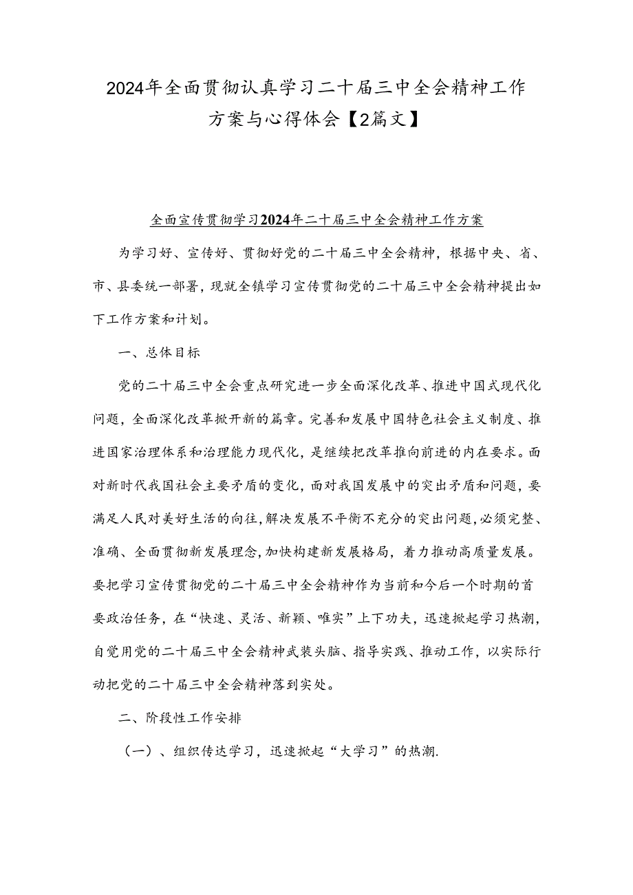 2024年全面贯彻认真学习二十届三中全会精神工作方案与心得体会【2篇文】.docx_第1页